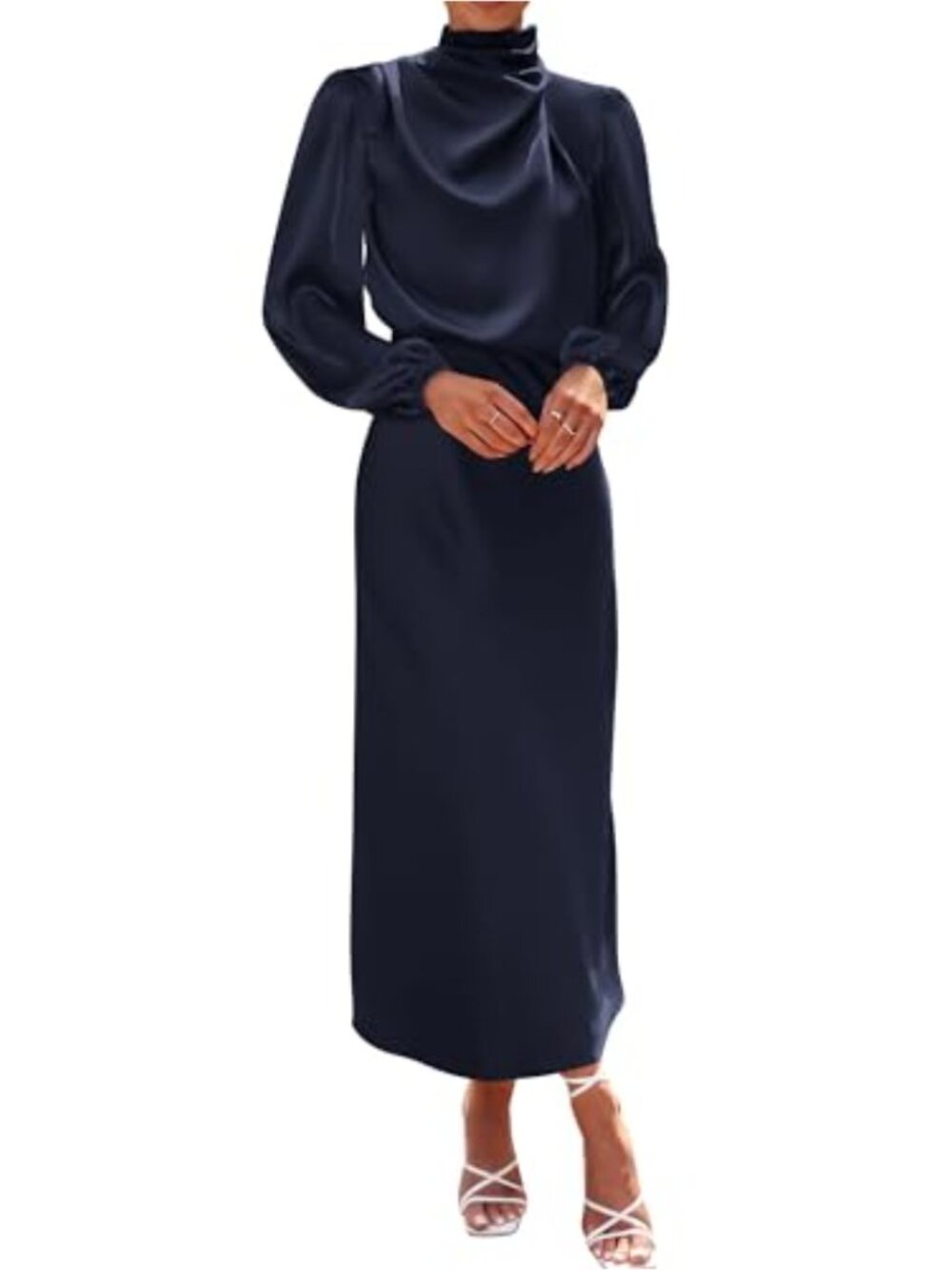 Women's Formal Satin Maxi Dress Mock Neck Long Sleeve Cocktail Gown
